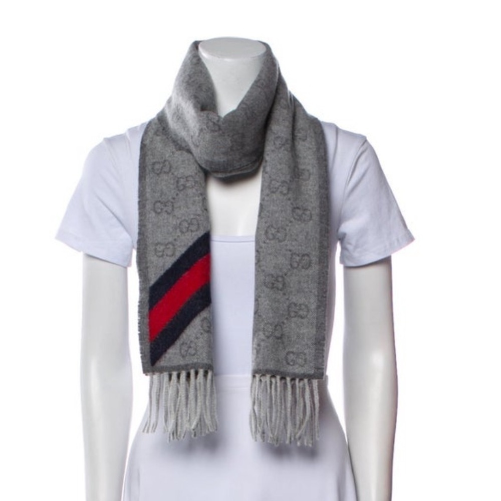 NEW GUCCI ‘New Nikky’ 570603 Web Fringe Wool Alpaca Zinc Blue Gray Unisex Scarf - Picture 3 of 12